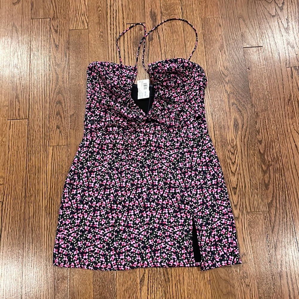 NWT Sky to Moon black and floral strapless cut out tie mini dress size small